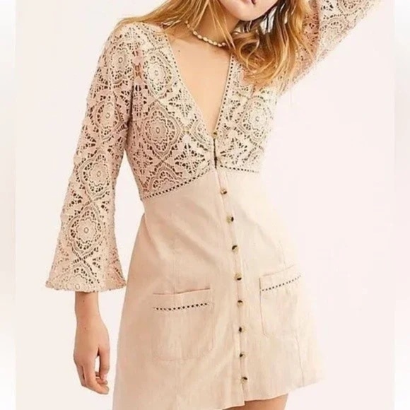 Free People Dresses & Skirts - Free People Shrimpton Crochet Lace Mini Dress Pink Sz S bell sleeves boho hippie